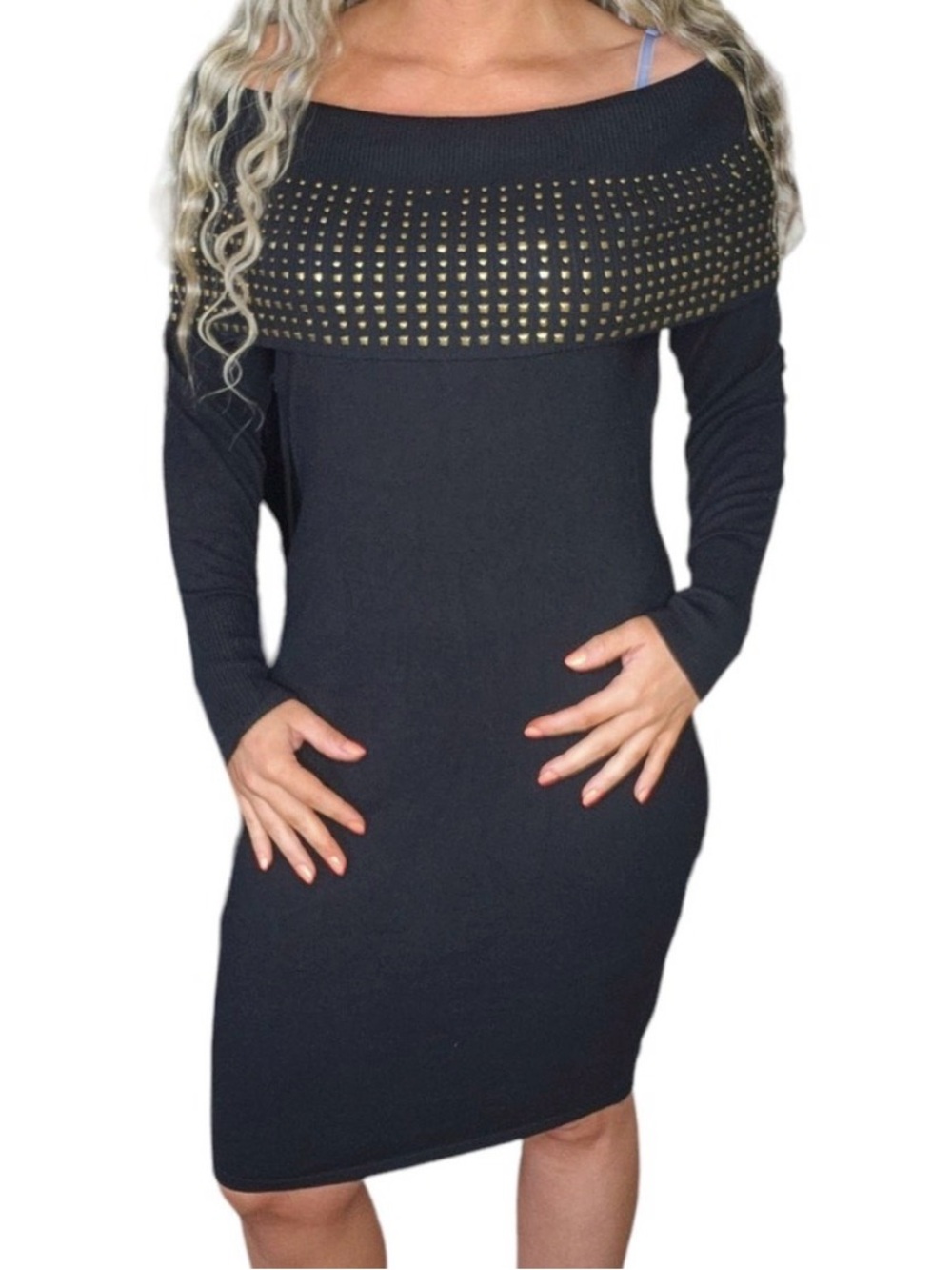 NWT Say What? Black Off-Shoulder Knit Sweater Dress with Gold Stud Collar